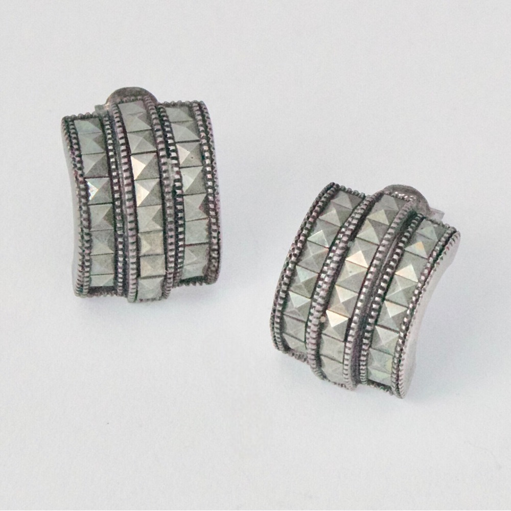 Vintage Marcasite Sterling Silver Half Hoop Stud Earrings